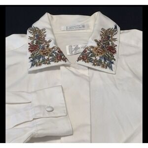FOXCROFT Women Hidden Button Sleeve Ecru Shirt 6 Fall Flowers Embroidered Vtg